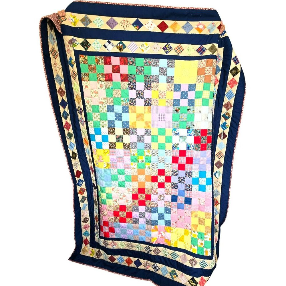 Handmade Vintage Patchwork Quilt With Multicolor Squares & Navy Border LC8001